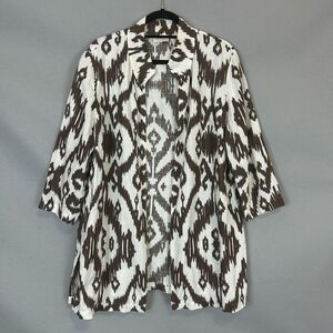 Chico's 100% Linen Ikat Print Open Front Jacket Sz 2 L/12-14 Brown White Boho